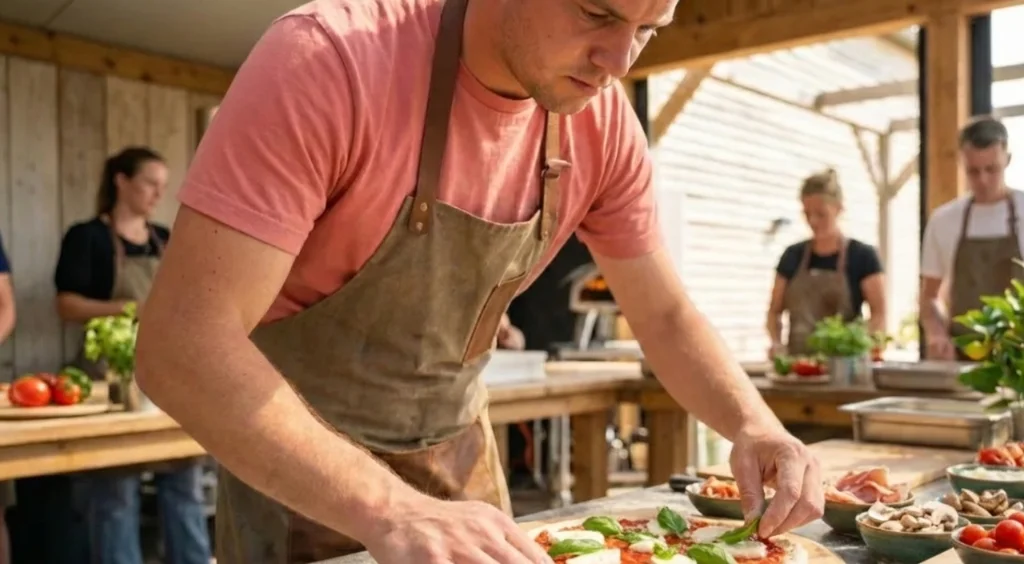Deelnemer belegt pizza tijdens Napoli Events workshop